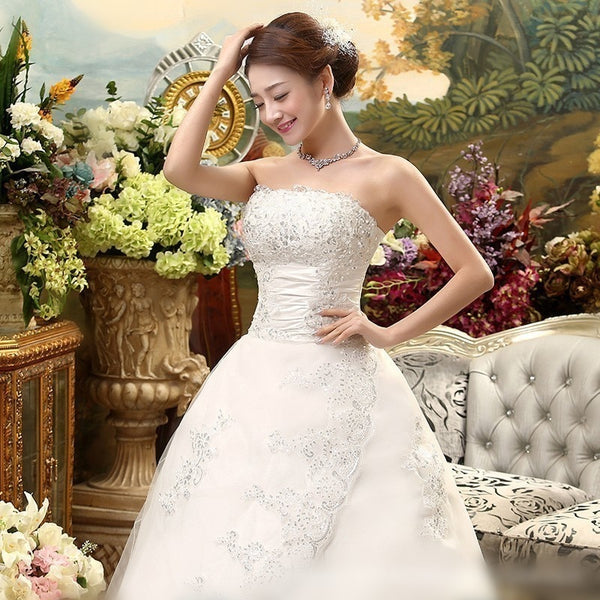 White Wedding Strapless Ruched Beaded Embroidery Elegant Bride Dresses - EdleessFashion