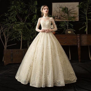 New Gold Luxury Long Train High Neck Full Sleeve Wedding Dress Lace Applique | EdleessFashion