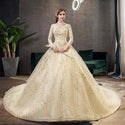 New Gold Luxury Long Train High Neck Full Sleeve Wedding Dress Lace Applique | EdleessFashion