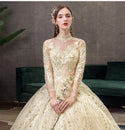 New Gold Luxury Long Train High Neck Full Sleeve Wedding Dress Lace Applique | EdleessFashion