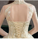 New Gold Luxury Long Train High Neck Full Sleeve Wedding Dress Lace Applique | EdleessFashion