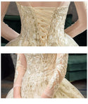 New Gold Luxury Long Train High Neck Full Sleeve Wedding Dress Lace Applique | EdleessFashion