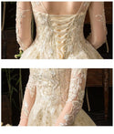 New Gold Luxury Long Train High Neck Full Sleeve Wedding Dress Lace Applique | EdleessFashion