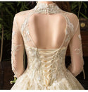 New Gold Luxury Long Train High Neck Full Sleeve Wedding Dress Lace Applique | EdleessFashion