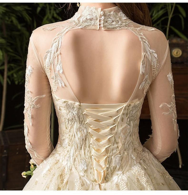 New Gold Luxury Long Train High Neck Full Sleeve Wedding Dress Lace Applique | EdleessFashion