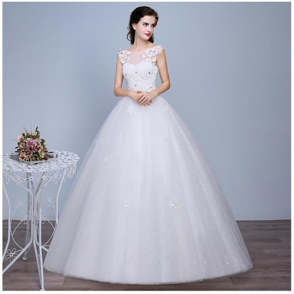 White Wedding Dresses Ball Gown O-Neck Sleeveless Appliques Beaded Lace Up - EdleessFashion