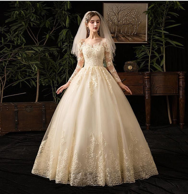 Sexy O Neck Full Sleeve Wedding Dress Illusion Lace Embroidery | EdleessFashion