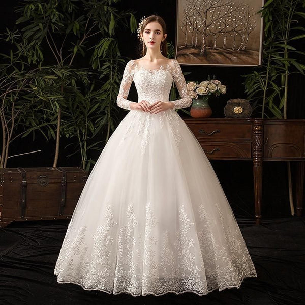 Sexy O Neck Full Sleeve Wedding Dress Illusion Lace Embroidery | EdleessFashion