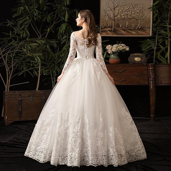 Sexy O Neck Full Sleeve Wedding Dress Illusion Lace Embroidery | EdleessFashion