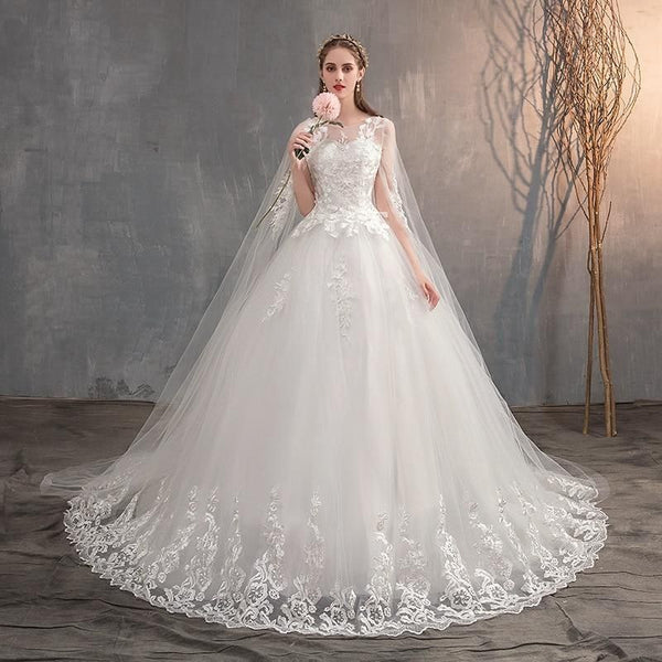 Wedding Dress With Long Cap Lace With Long Train Embroidery | EdleessFashion