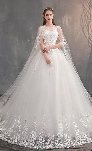 Wedding Dress With Long Cap Lace With Long Train Embroidery | EdleessFashion