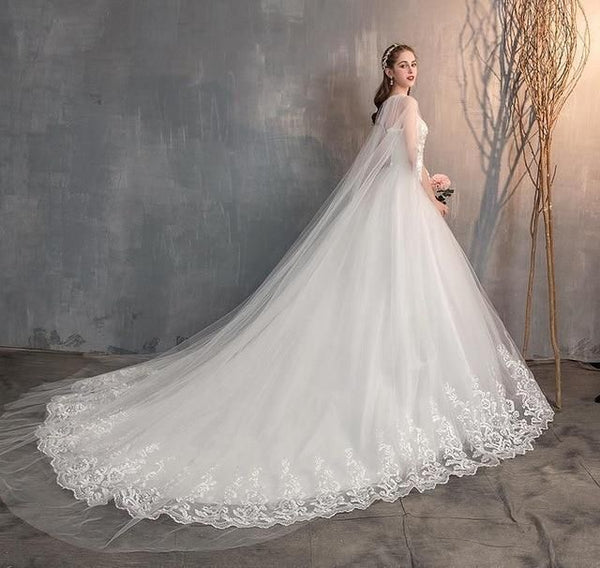 Wedding Dress With Long Cap Lace With Long Train Embroidery | EdleessFashion