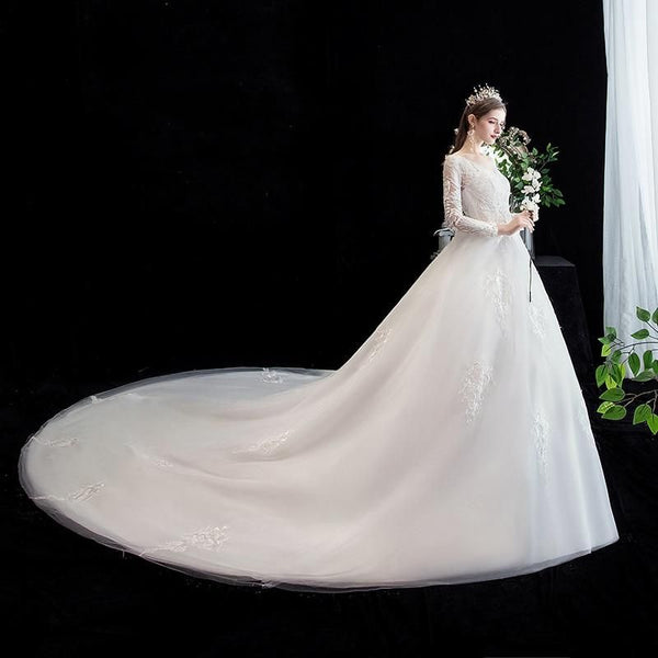 Luxury Illusion V Neck Full Sleeve Wedding Dress With Train | EdleessFashion