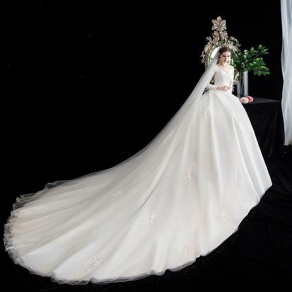 Luxury Illusion V Neck Full Sleeve Wedding Dress With Train | EdleessFashion