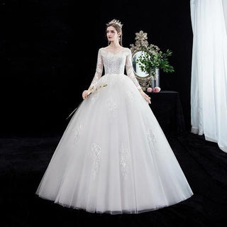 Luxury Illusion V Neck Full Sleeve Wedding Dress With Train | EdleessFashion