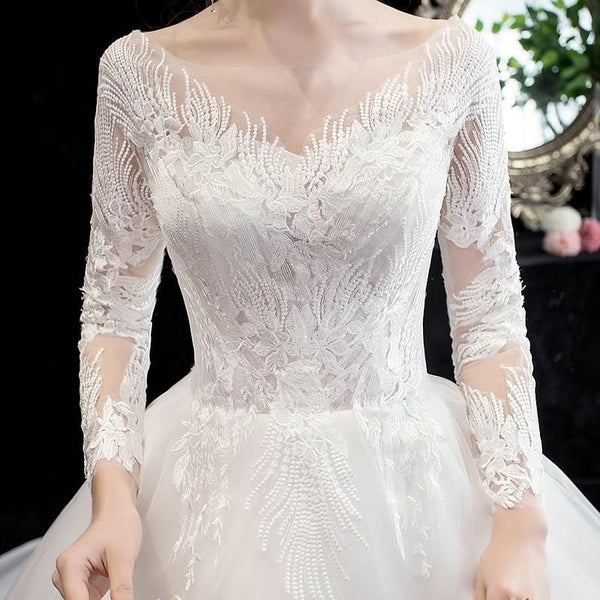 Luxury Illusion V Neck Full Sleeve Wedding Dress With Train | EdleessFashion