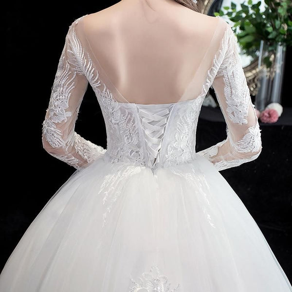 Luxury Illusion V Neck Full Sleeve Wedding Dress With Train | EdleessFashion