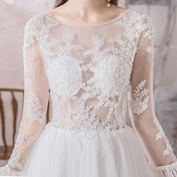 Noble Lace O Neck Full Sleeve Wedding Dress A-line With Train | EdleessFashion