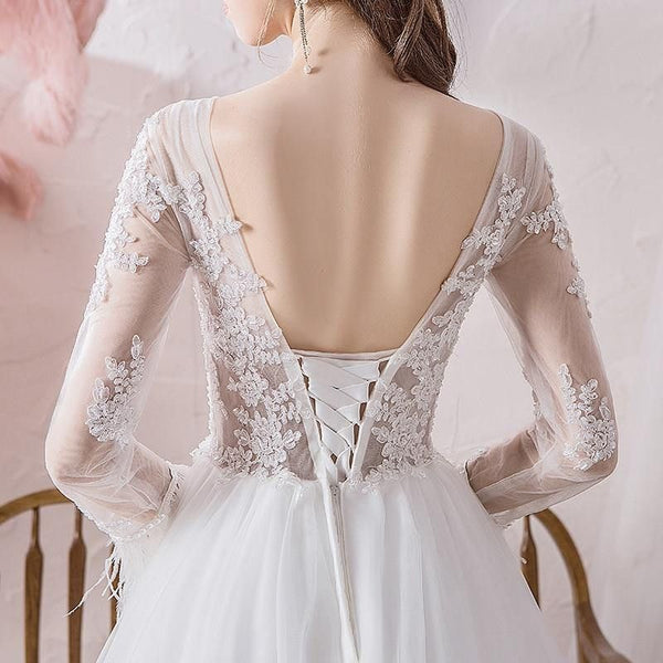 Noble Lace O Neck Full Sleeve Wedding Dress A-line With Train | EdleessFashion