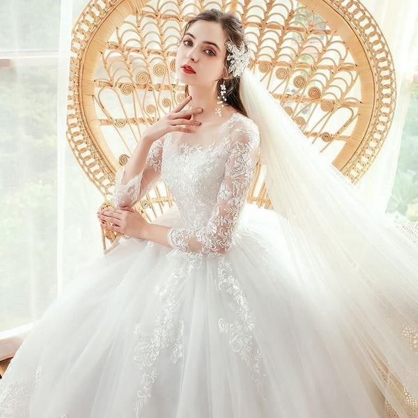 Luxurious O Neck Three Quarter Sleeve Wedding Dress For Women | EdleessFashion