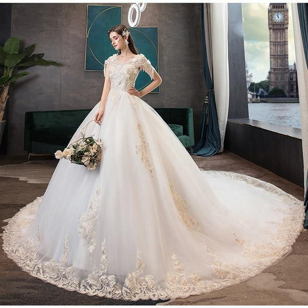 New Luxury Wedding Dress With  Sweep Train | EdleessFashion