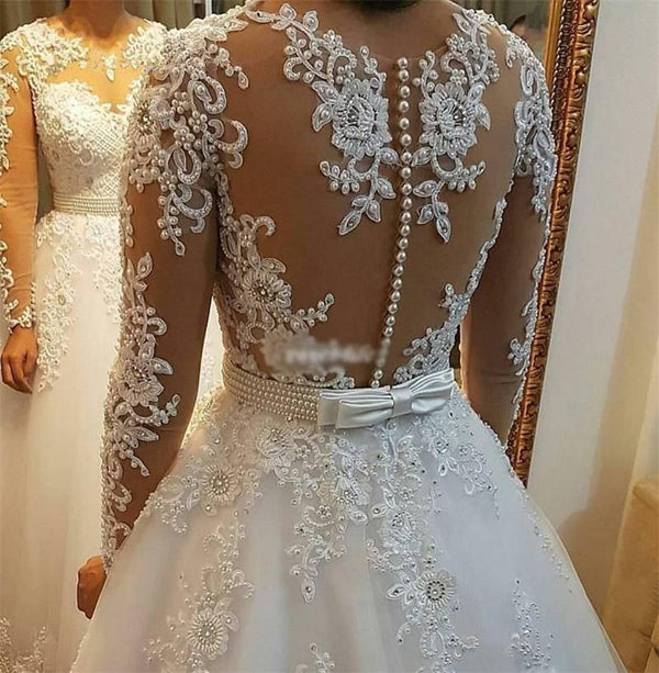 Pearls Beads 2 in 1 Wedding Dress Lace Appliques Detachable Train | EdleessFashion