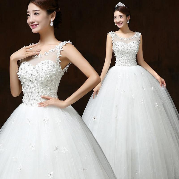 New Arrival O Neck Applique Long Train Wedding Dress Elegant Lace Up | EdleessFashion