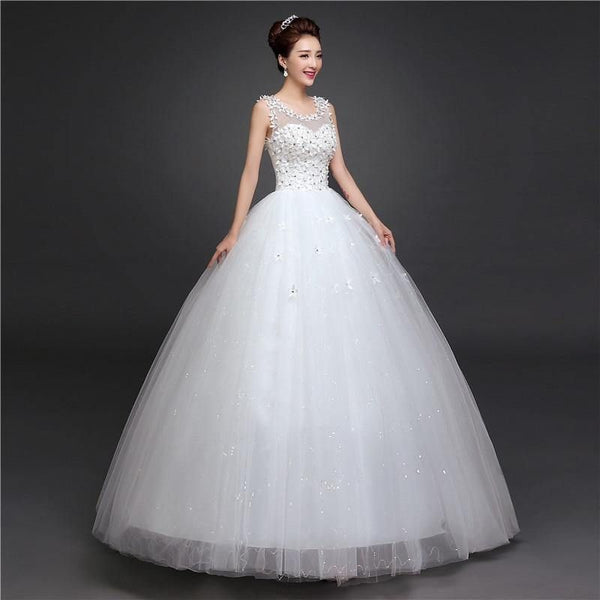 New Arrival O Neck Applique Long Train Wedding Dress Elegant Lace Up | EdleessFashion