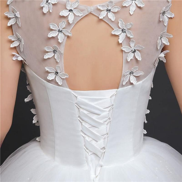 New Arrival O Neck Applique Long Train Wedding Dress Elegant Lace Up | EdleessFashion