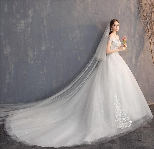 Wedding Dress Lace Embroidery Long Train Wedding Gown | EdleessFashion