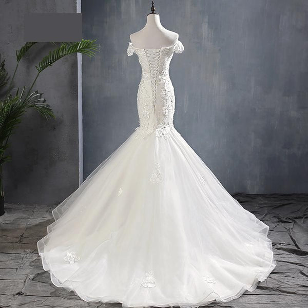 Sexy Mermaid Wedding Dress Lace Boat Neck with Sweep Train | EdleessFashion