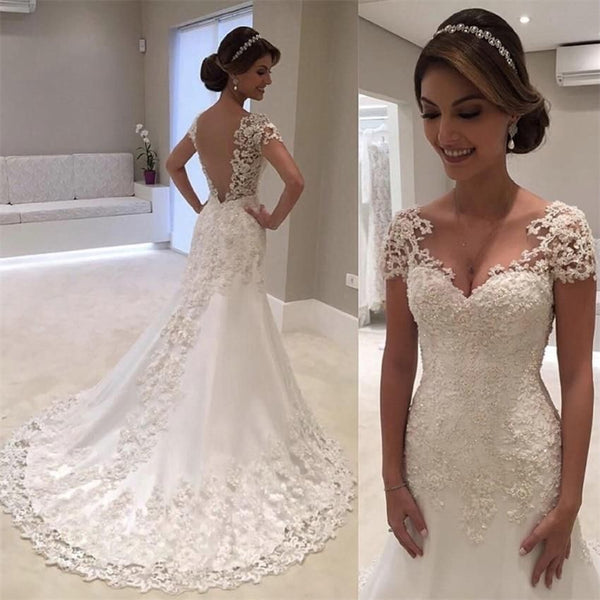 Vintage Backless Lace Mermaid Cap Sleeve Wedding Gown - EdleessFashion