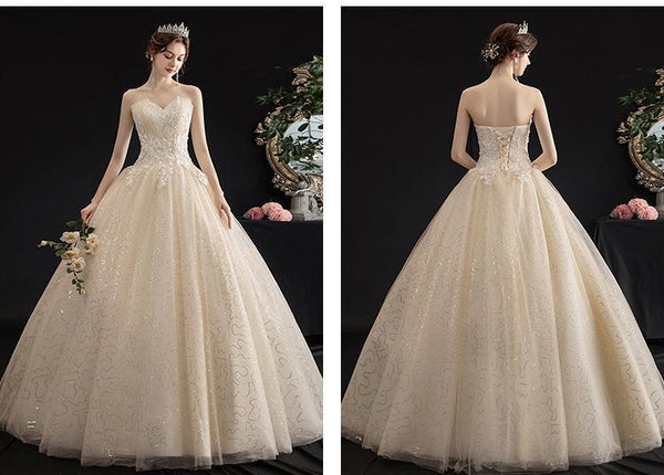 Sexy Shining Beading Lace Strapless Classic Embroidery Wedding Gown - EdleessFashion