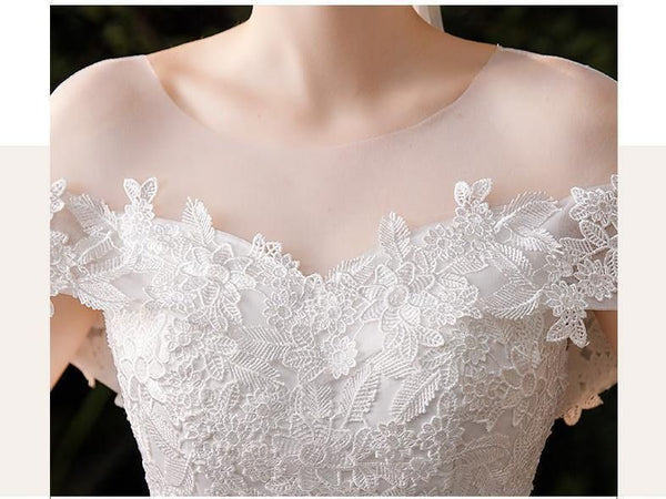 Luxury O Neck Short Sleeve New Pure White Wedding Dress | EdleessFashion