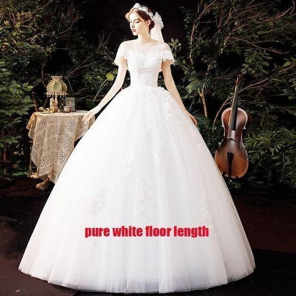 Luxury O Neck Short Sleeve New Pure White Wedding Dress | EdleessFashion