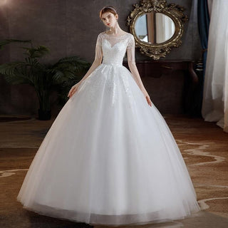 High-quality O Neck Short Sleeve Wedding Dress Beautiful Lace Beading Bridal Gown | EdleessFashion