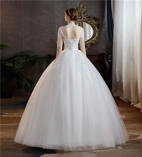 High-quality O Neck Short Sleeve Wedding Dress Beautiful Lace Beading Bridal Gown | EdleessFashion