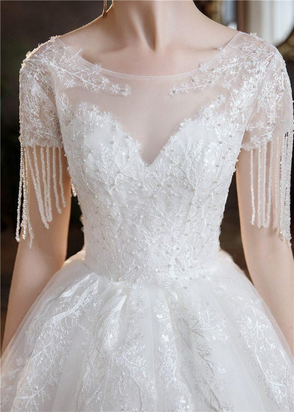 High-quality O Neck Short Sleeve Wedding Dress Beautiful Lace Beading Bridal Gown | EdleessFashion