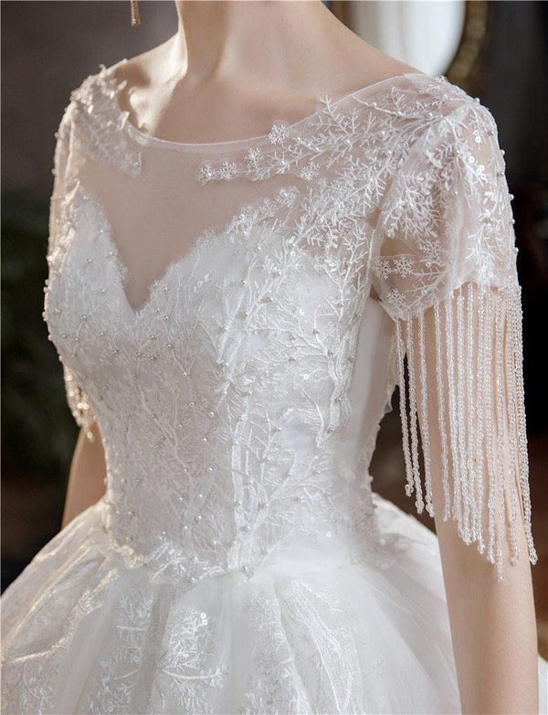 High-quality O Neck Short Sleeve Wedding Dress Beautiful Lace Beading Bridal Gown | EdleessFashion