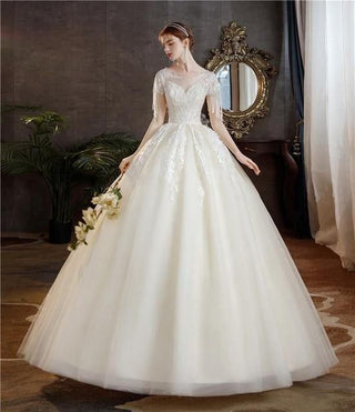 High Quality Champagne O Neck Short Sleeve Wedding Dress | EdleessFashion