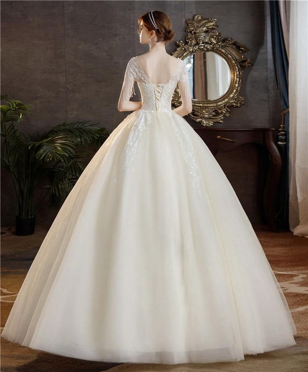 High Quality Champagne O Neck Short Sleeve Wedding Dress | EdleessFashion