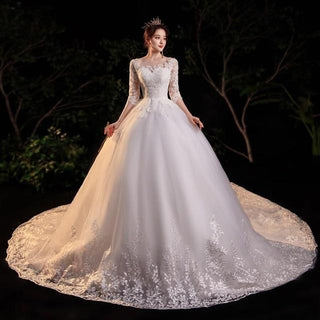 Sexy Wedding Dress With Train Simple O Neck Half Sleeve Beautiful Lace Dress - EdleessFashion