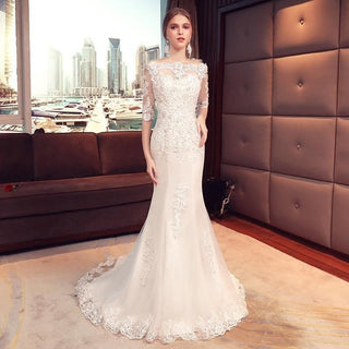 Sexy Boat Neck Half Sleeves Mermaid Wedding Dresses Beading Lace | EdleessFashion