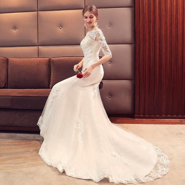 Sexy Boat Neck Half Sleeves Mermaid Wedding Dresses Beading Lace | EdleessFashion