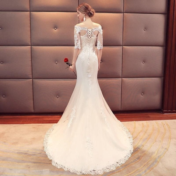 Sexy Boat Neck Half Sleeves Mermaid Wedding Dresses Beading Lace | EdleessFashion