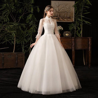 Sexy High Neck Three Quarter Sleeve Wedding Dress Illusion Lace Applique | EdleessFashion