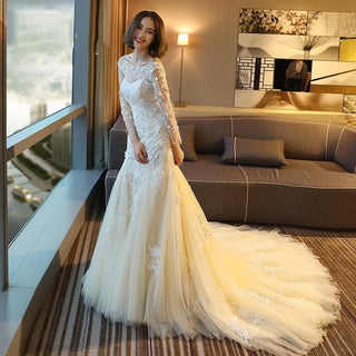 Sexy New Full Sleeve Mermaid Lace with Sweep Train Lace Up Vintage Wedding Dress | EdleessFashion