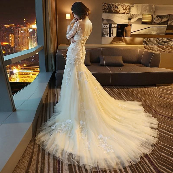 Sexy New Full Sleeve Mermaid Lace with Sweep Train Lace Up Vintage Wedding Dress - EdleessFashion