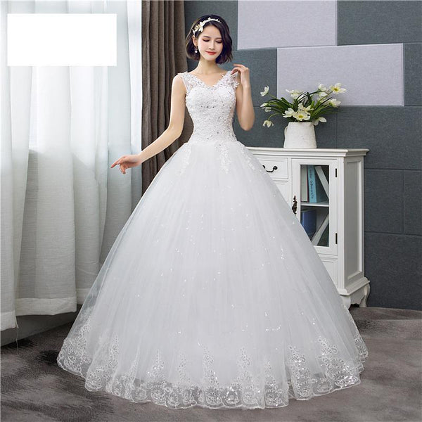 Sexy V-neck Lace Wedding Dress Sleeveless Floral Print Ball Gown - EdleessFashion