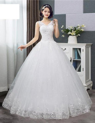 Sexy V-neck Lace Wedding Dress Sleeveless Floral Print Ball Gown - EdleessFashion